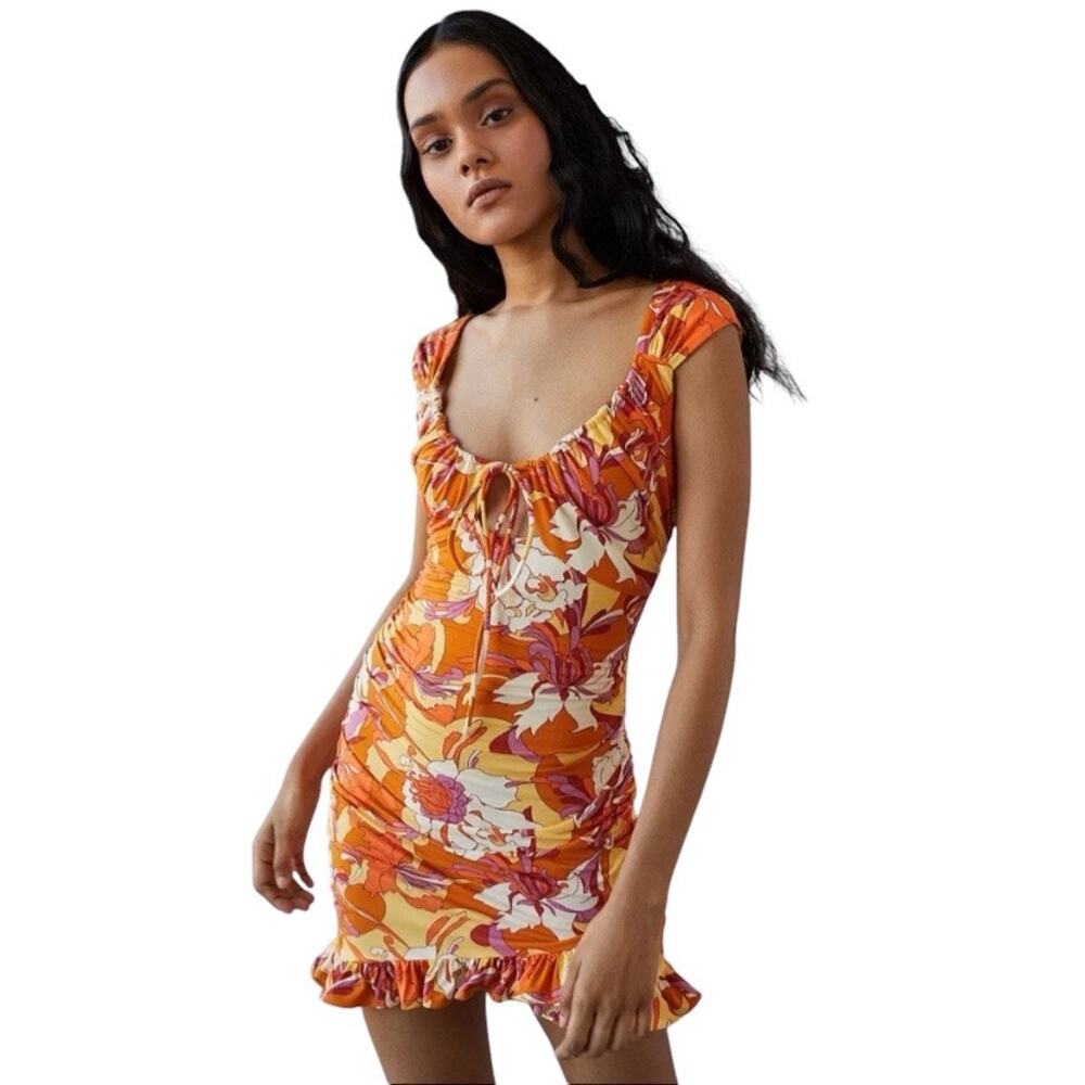 NWT Urban Outfitters Eve Orange Floral Lilly Print Ruffle Mini Dress Size Medium